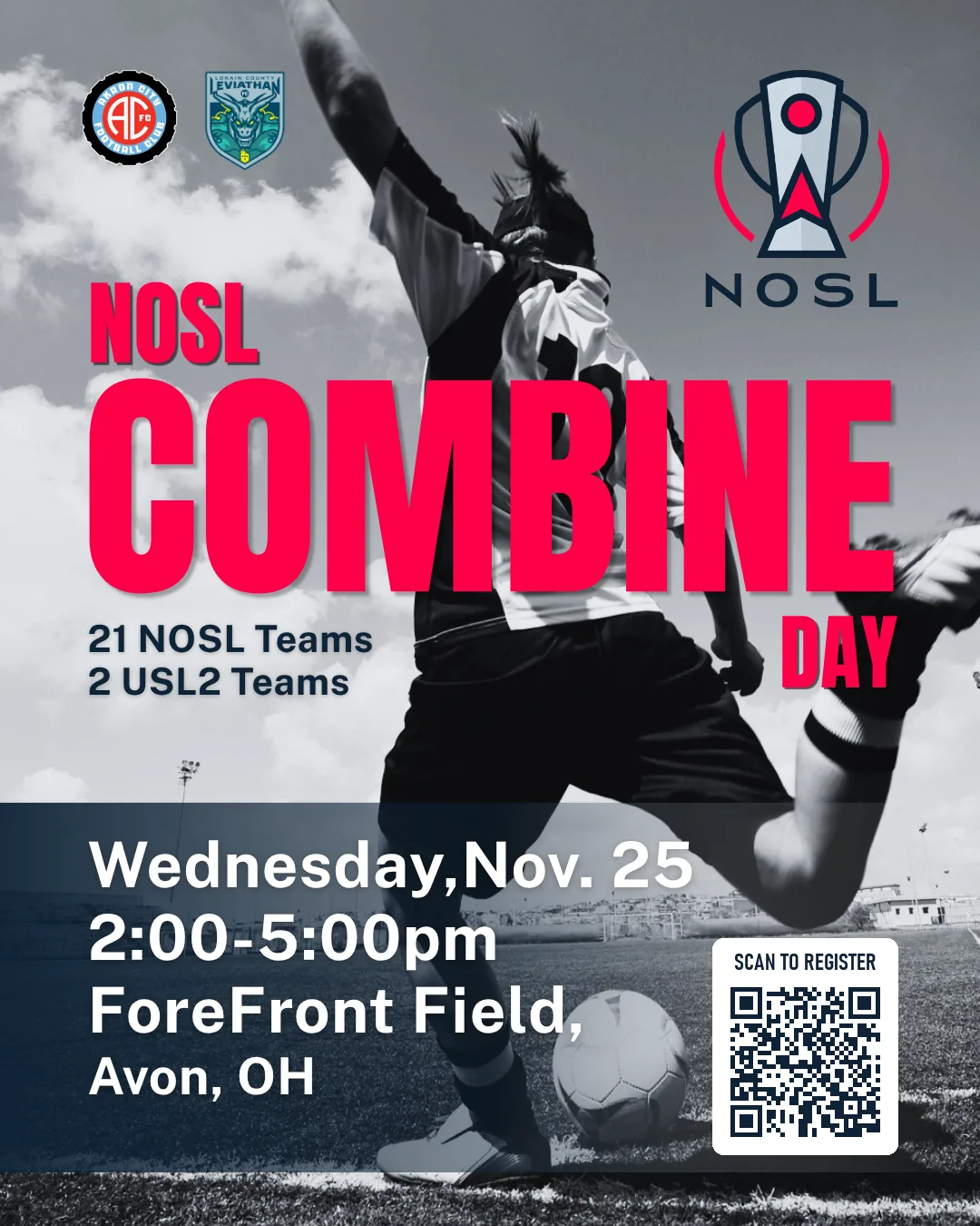 Action-photo version of the NOSL Combine Day flyer, with a QR code to this page.
